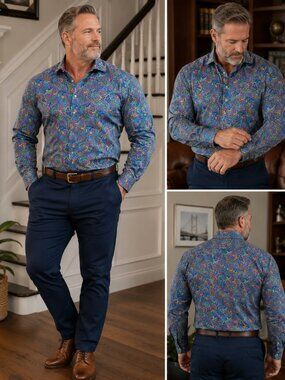Tommy Hilfiger Men L Paisley Button Down Shirt Long Sleeve Multicolor Business